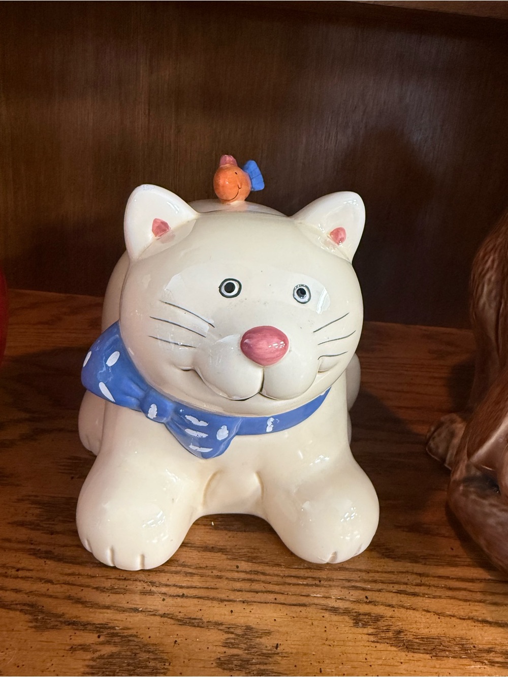 Ceramic Cream Cat Figurine with Blue Scarf and Pink Nose